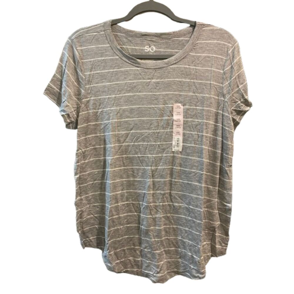 Juniors size Large T-Shirt So Crew neck short sleeve gray w/ white stripe NEW